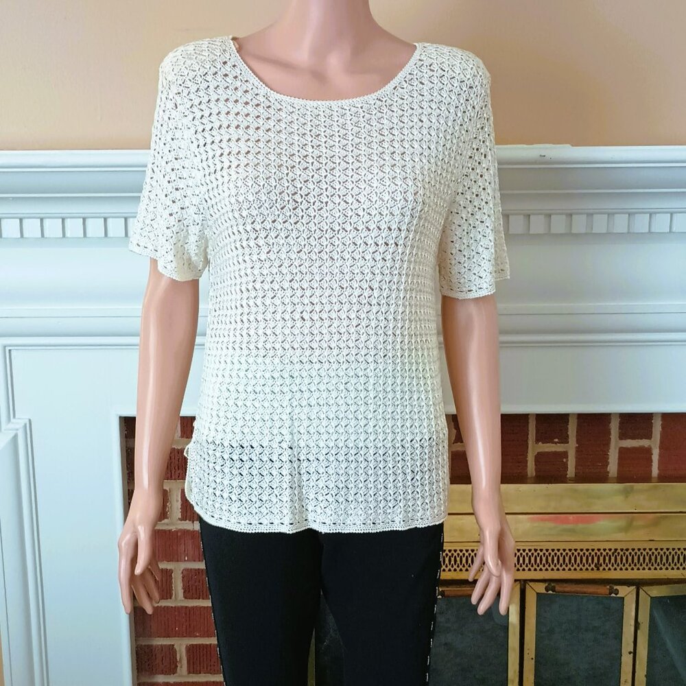 White Crochet Loose Knit Sweater LP Vintage Short Sleeve Open Knit Side Slits